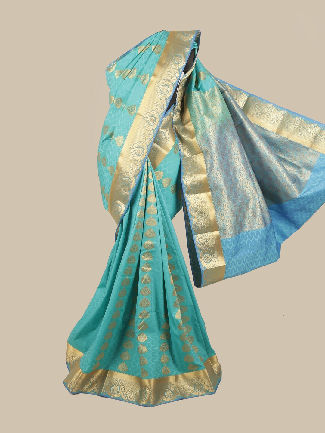 

Pothys Blue & Gold-Toned Silk Blend Ethnic Motifs Woven Designed Saree