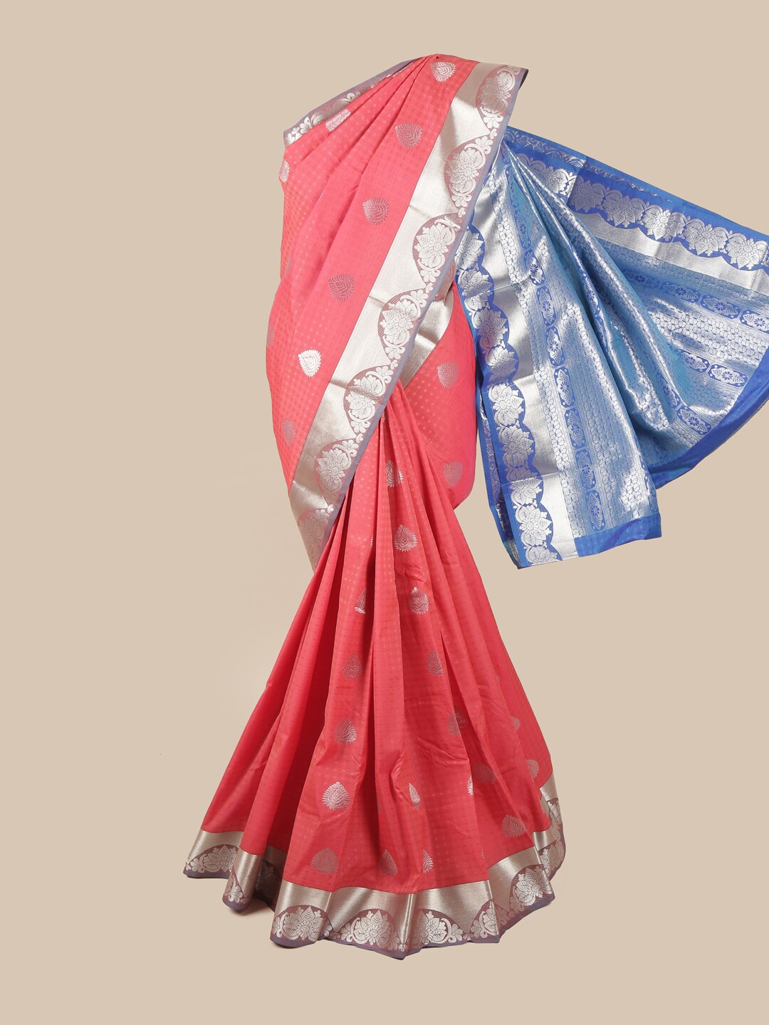 

Pothys Pink & Blue Silk Blend Ethnic Motifs Woven Designed Saree