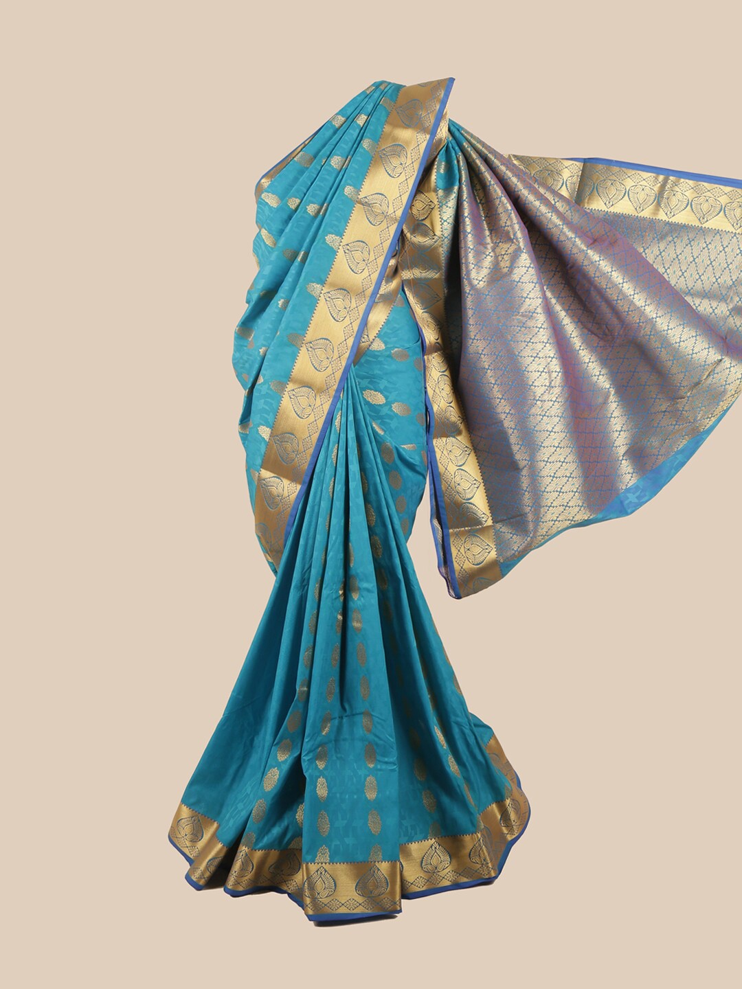 

Pothys Blue & Gold-Toned Silk Blend Ethnic Motifs Woven Designed Saree