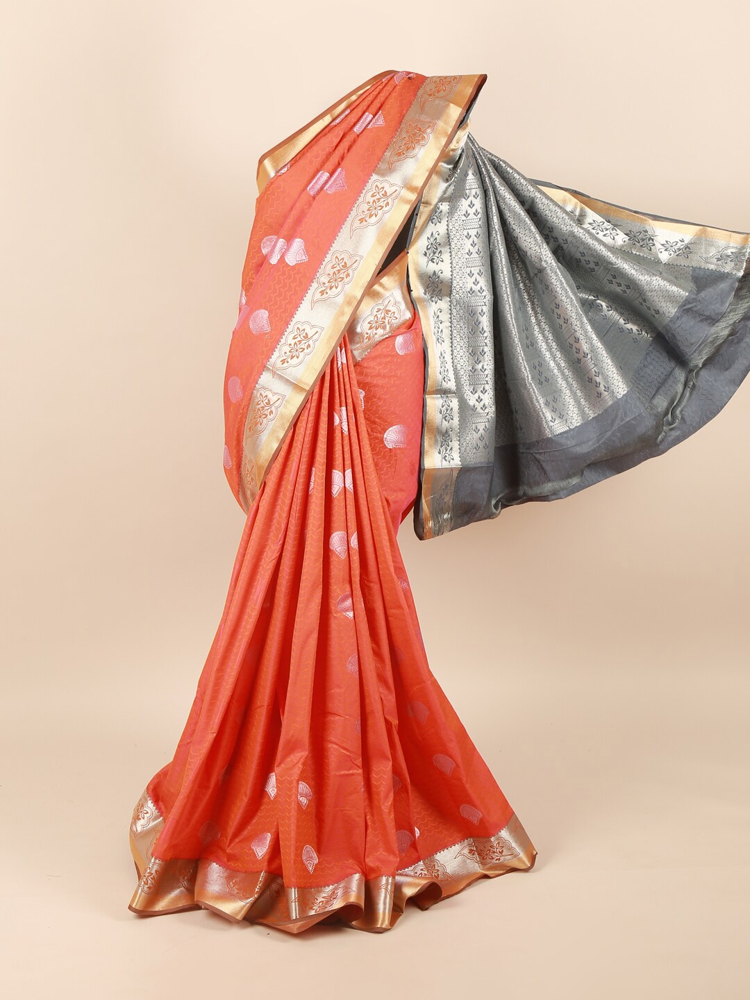 

Pothys Orange & Grey Silk Blend Ethnic Motifs Woven Designed Saree