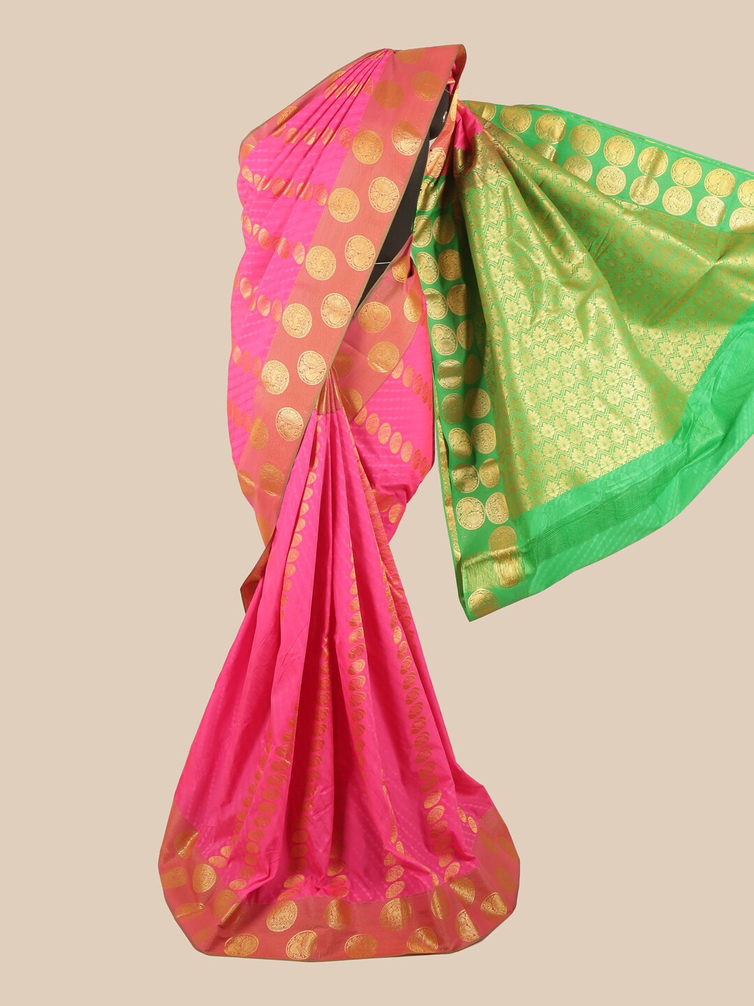 

Pothys Pink & Green Silk Blend Ethnic Motifs Woven Designed Saree