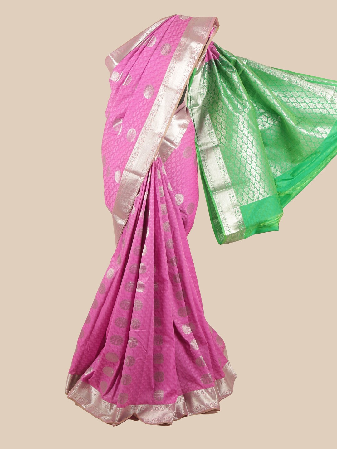 

Pothys Pink & Green Silk Blend Ethnic Motifs Woven Designed Saree