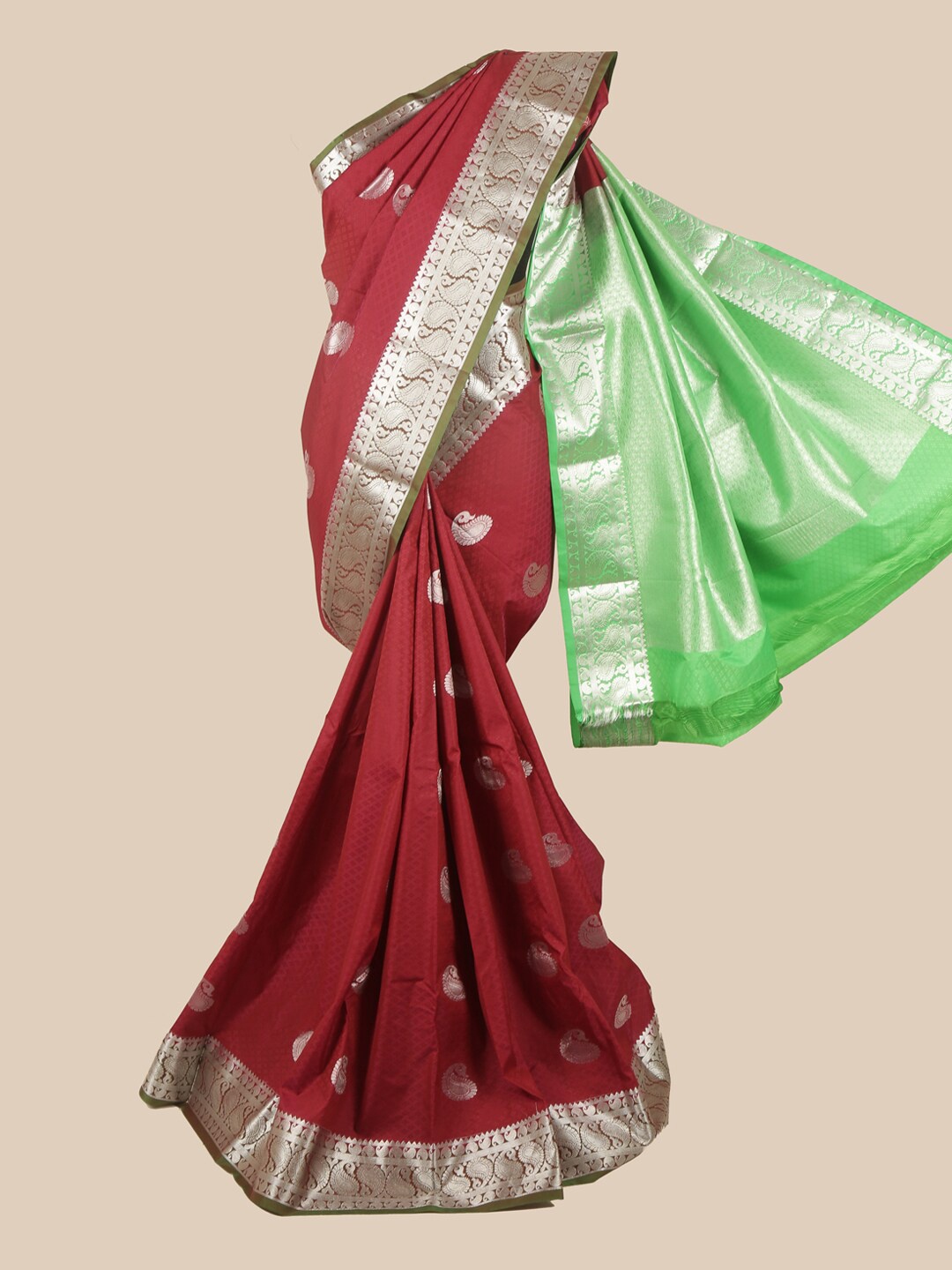 

Pothys Maroon & Green Silk Blend Ethnic Motifs Woven Designed Saree