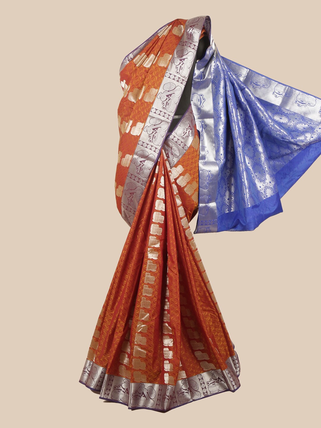 

Pothys Brown & Blue Silk Blend Ethnic Motifs Woven Designed Saree, Rust