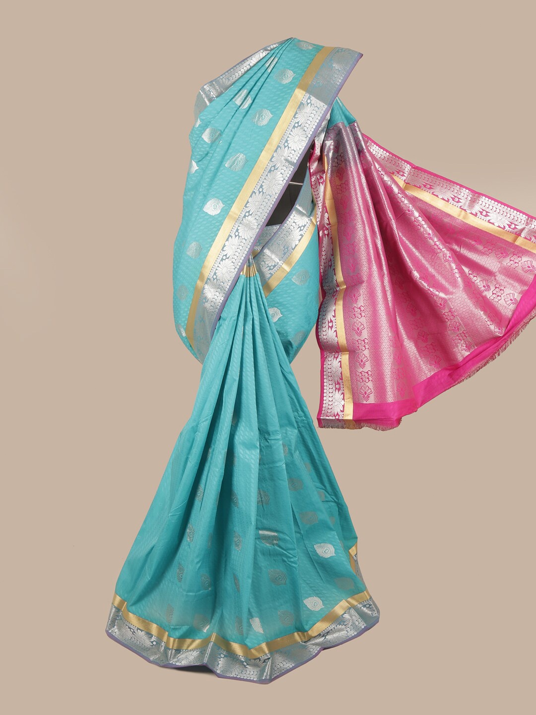 

Pothys Blue & Pink Silk Blend Ethnic Motifs Woven Designed Saree