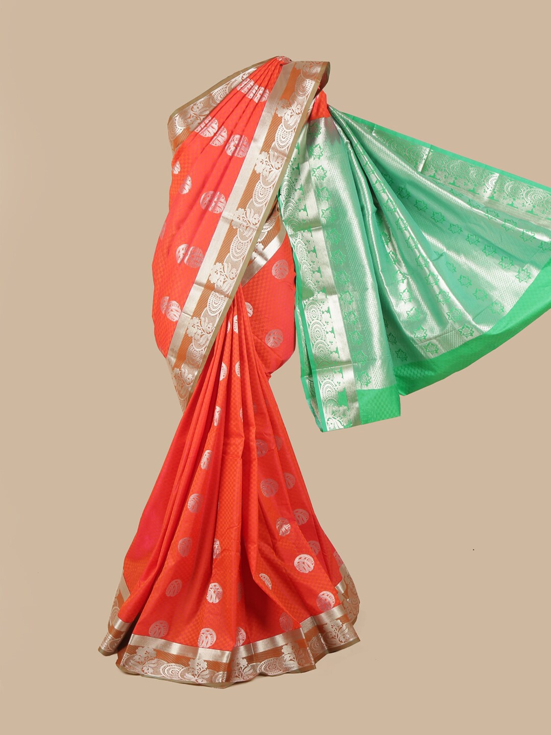 

Pothys Orange & Green Silk Blend Ethnic Motifs Woven Designed Saree