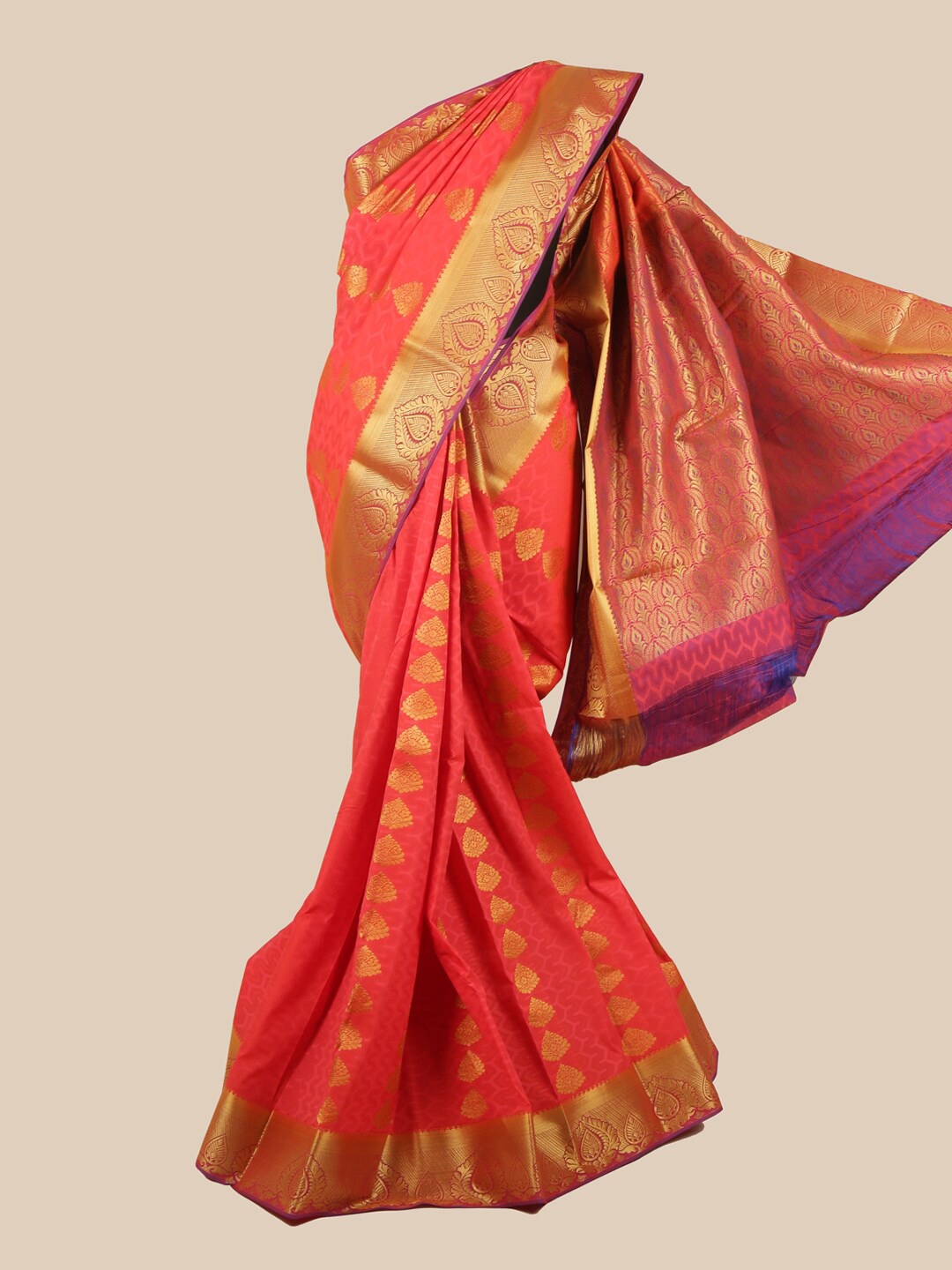 

Pothys Pink & Gold-Toned Silk Blend Ethnic Motifs Woven Designed Saree