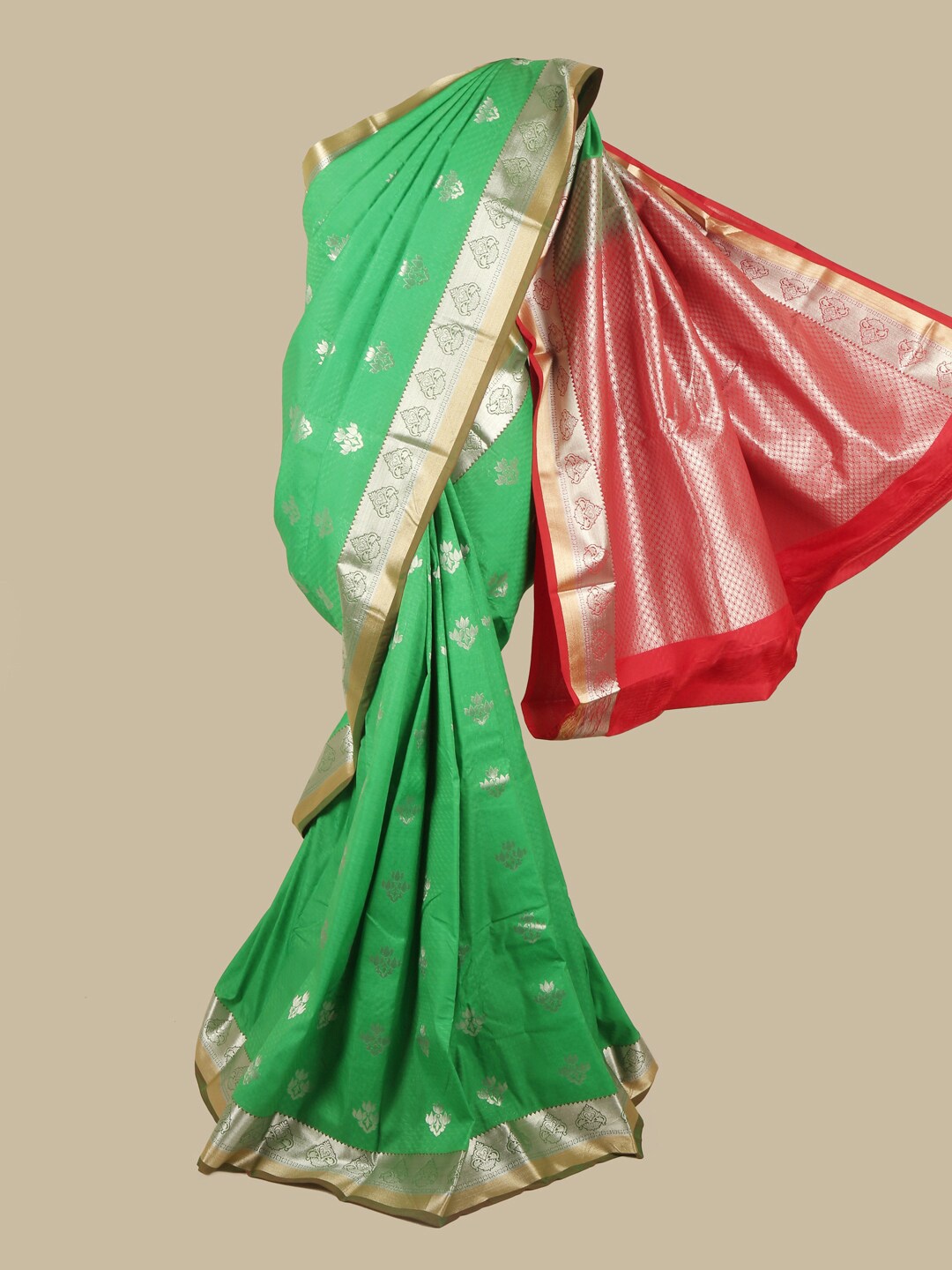 

Pothys Green & Red Silk Blend Ethnic Motifs Woven Designed Saree