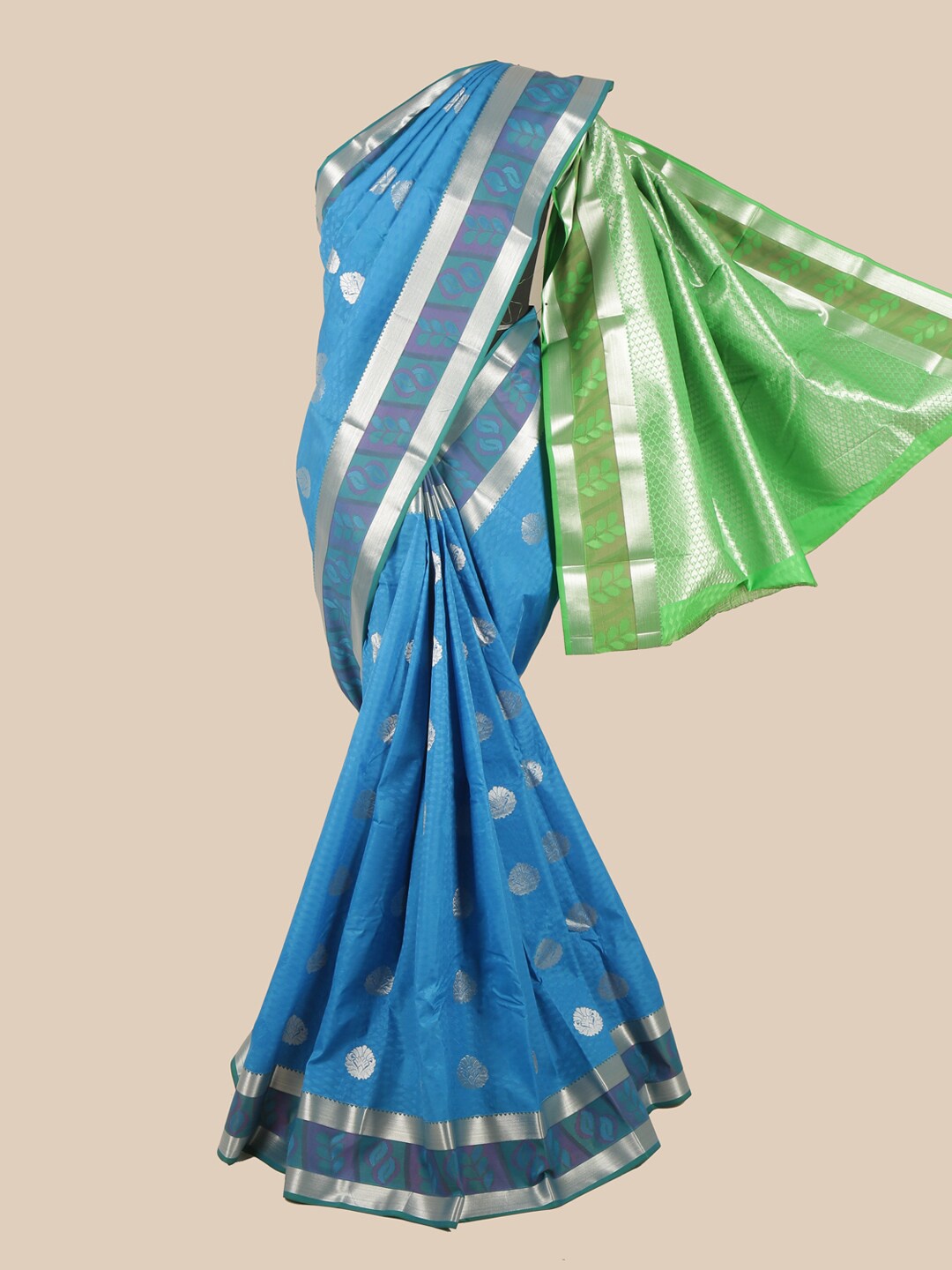 

Pothys Blue & Green Silk Blend Ethnic Motifs Woven Designed Saree