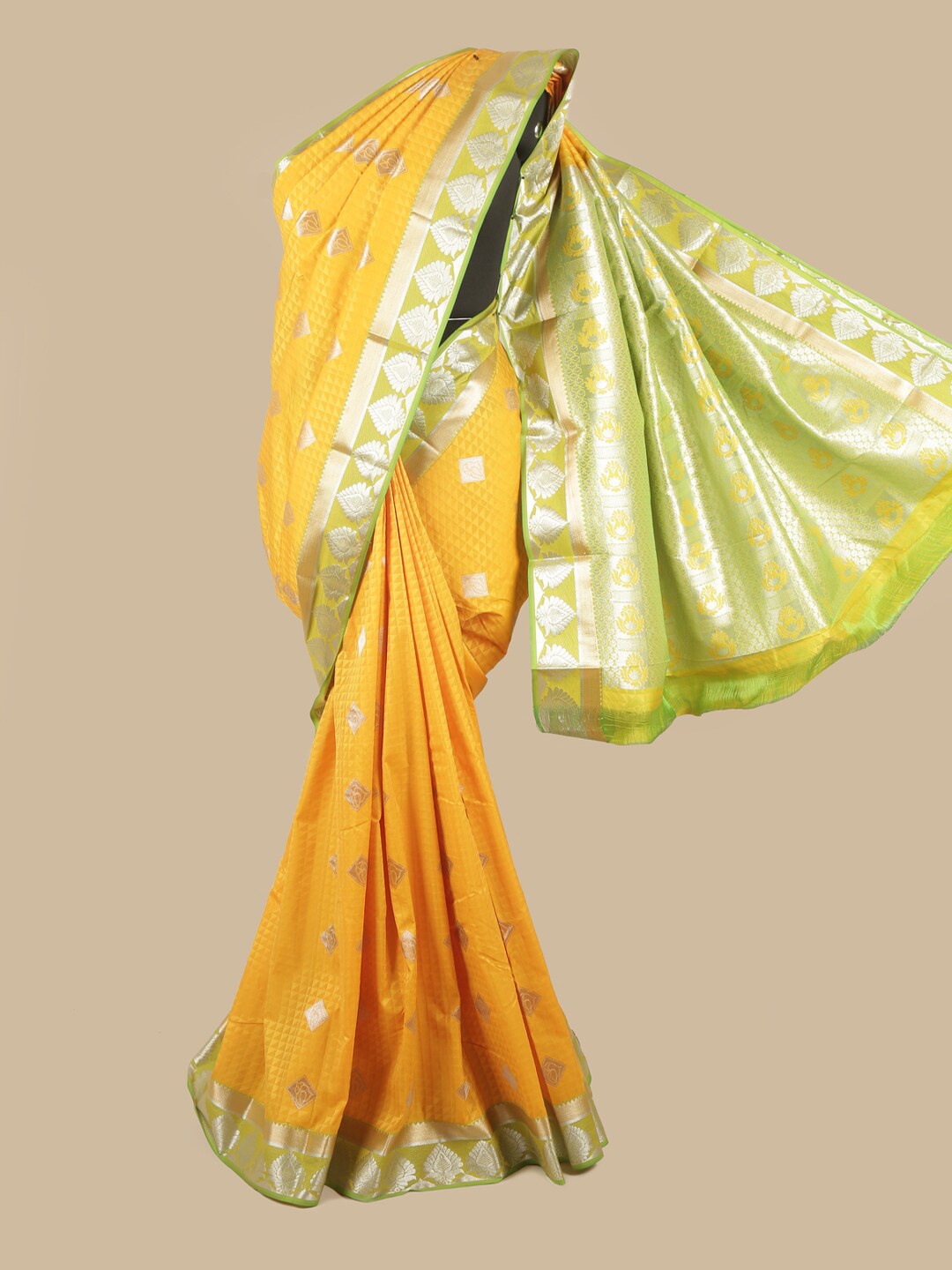 

Pothys Yellow & Green Silk Blend Ethnic Motifs Woven Designed Saree