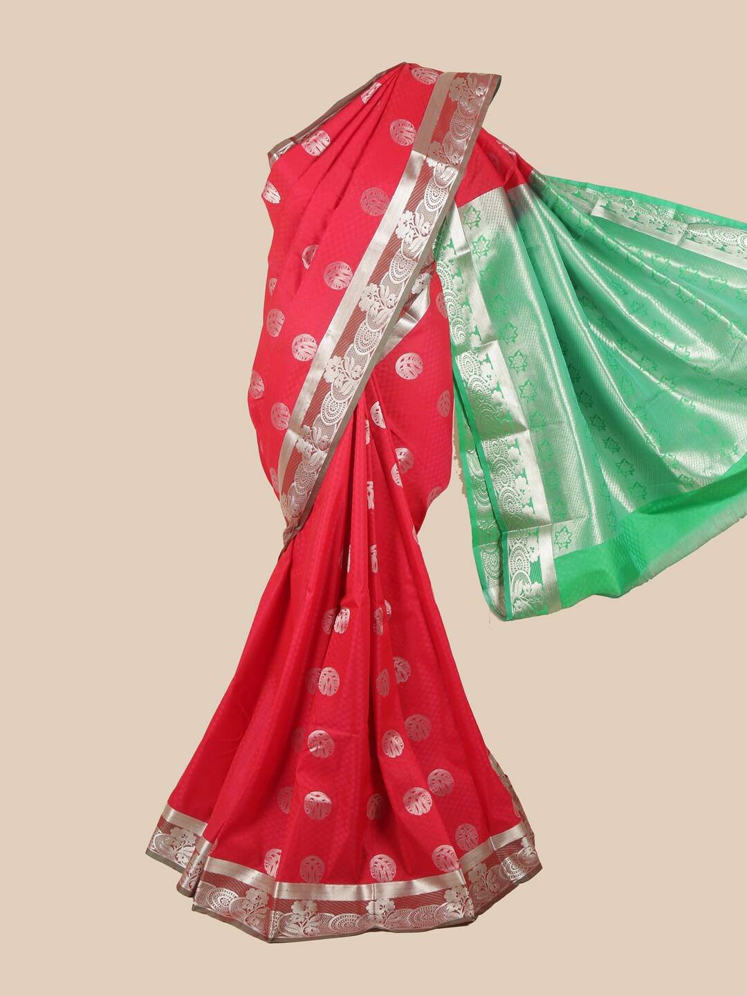 

Pothys Pink & Green Silk Blend Ethnic Motifs Woven Designed Saree