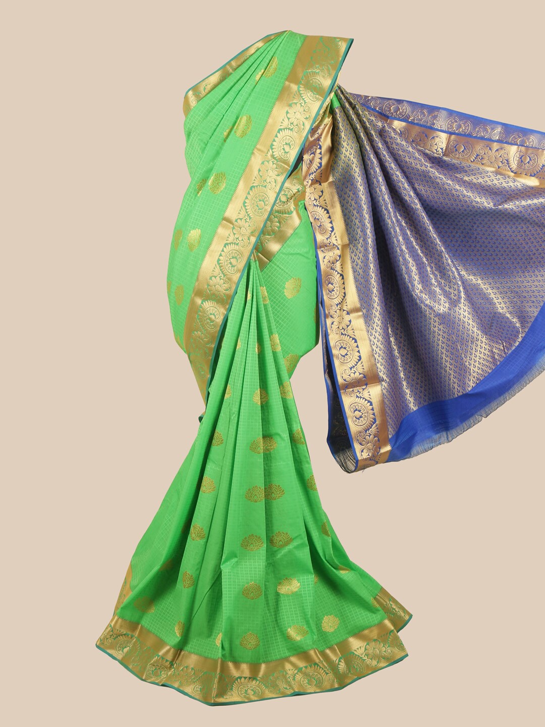 

Pothys Green & Blue Silk Blend Ethnic Motifs Woven Designed Saree