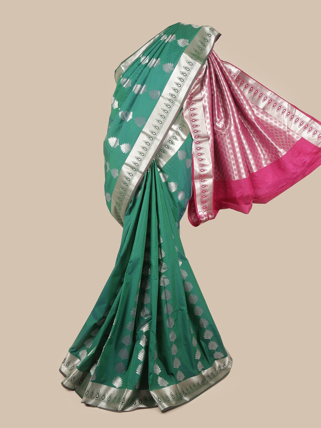 

Pothys Green & Pink Silk Blend Ethnic Motifs Woven Designed Saree