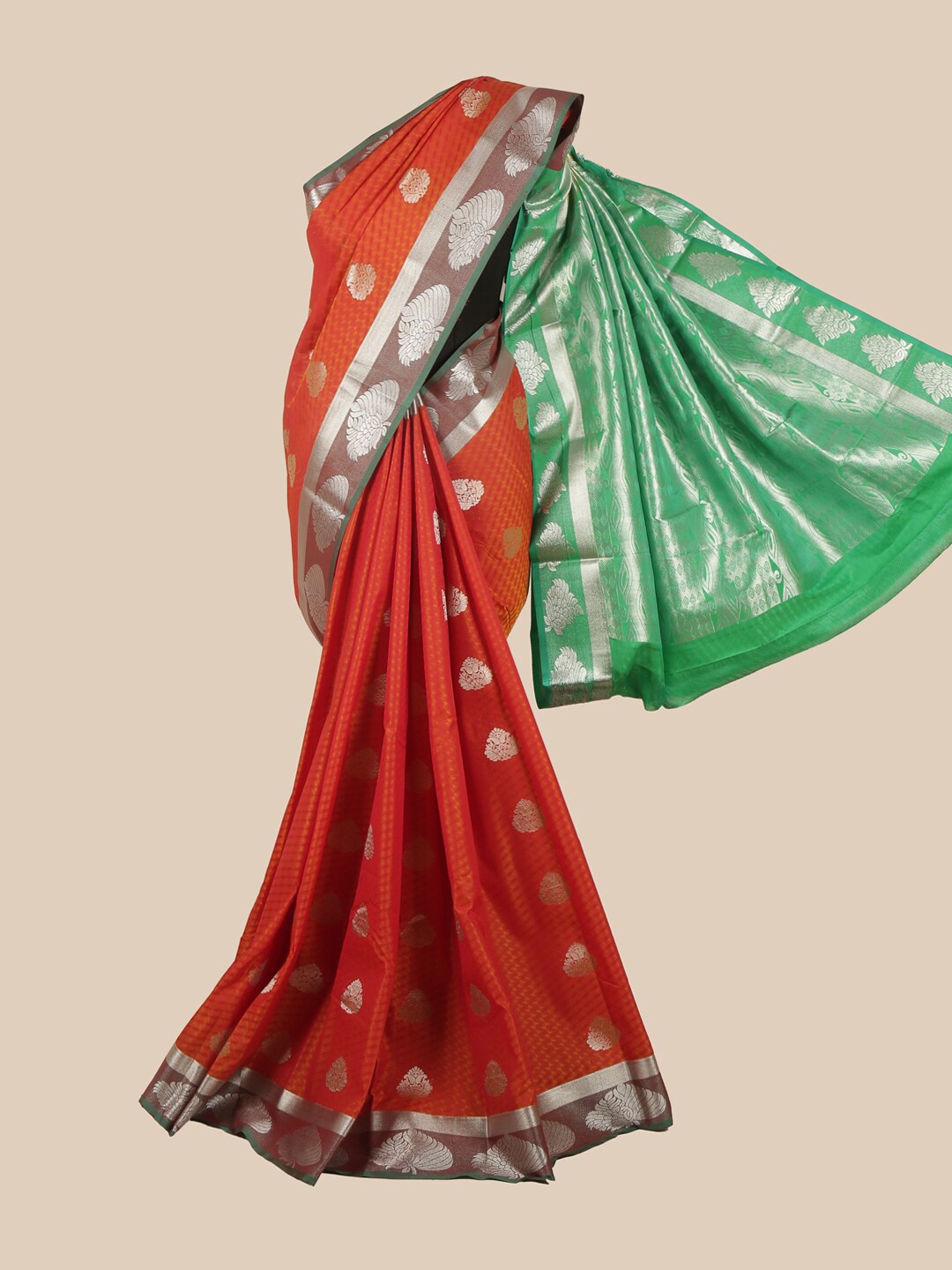 

Pothys Orange & Green Silk Blend Ethnic Motifs Woven Designed Saree