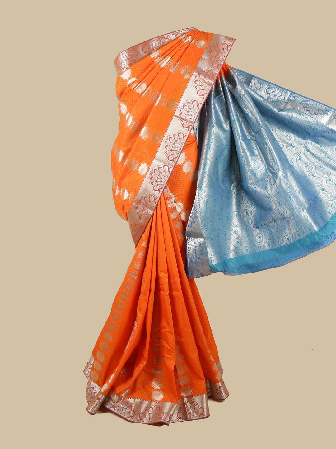 

Pothys Orange & Blue Silk Blend Ethnic Motifs Woven Designed Saree