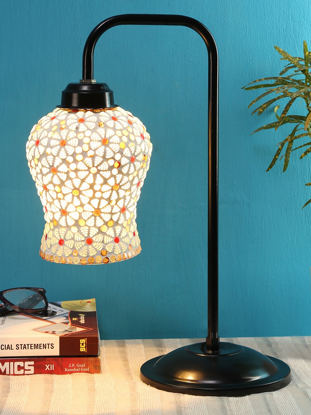 

Devansh Gold-Toned & Red Printed Glass Contemporary Table Lamp with Shade, White