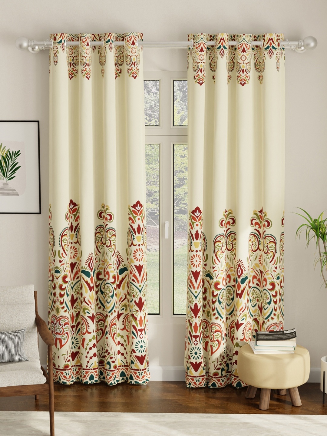 URBAN SPACE Set of 2 White & Red Floral Door Curtain