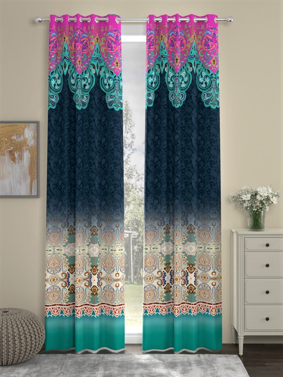 

URBAN SPACE Set Of 2 Navy Blue & Pink Ethnic Motifs Long Door Curtain