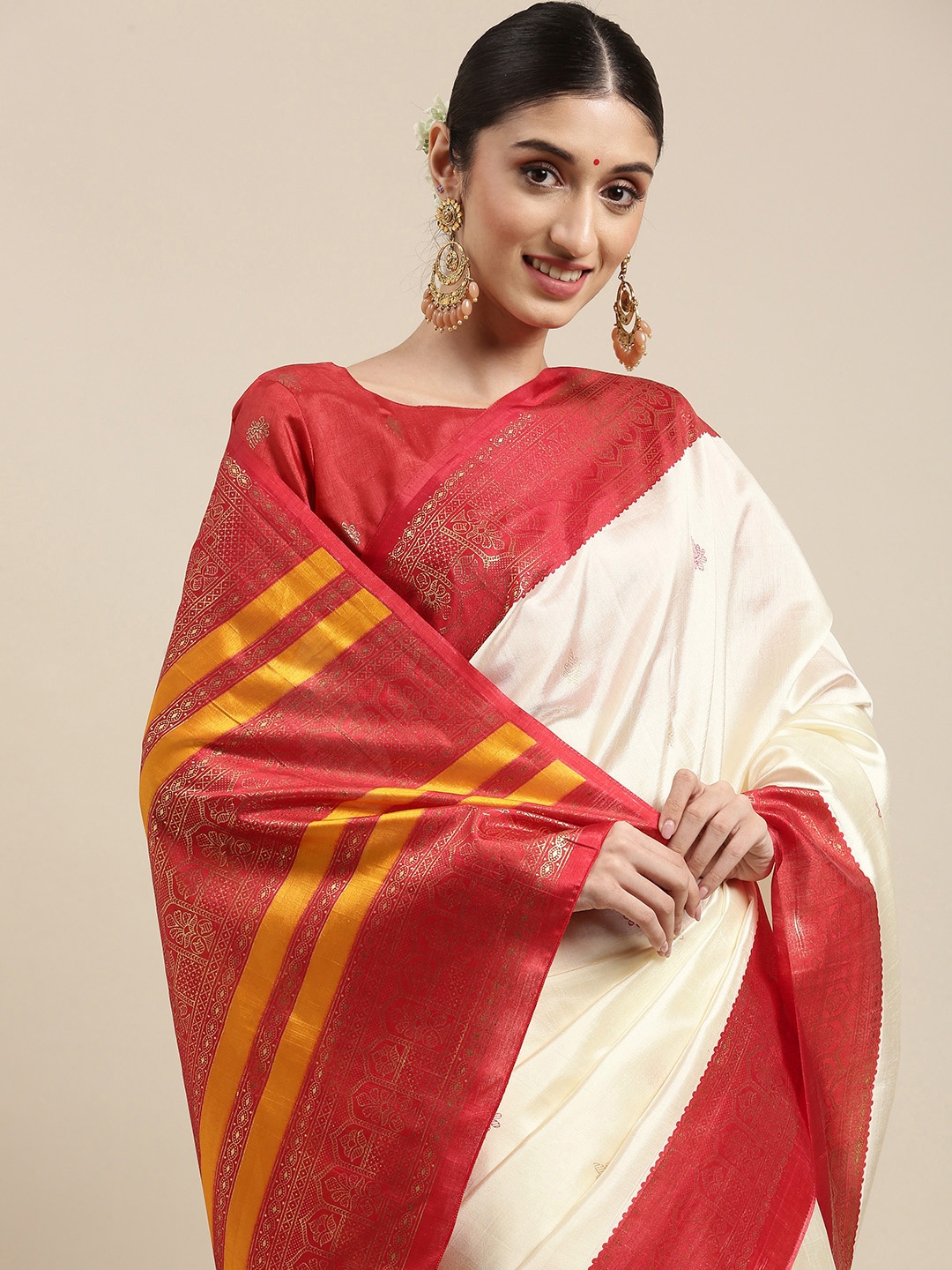 

Saree mall Off White & Red Ethnic Motifs Zari Silk Blend Bomkai silk Sarees