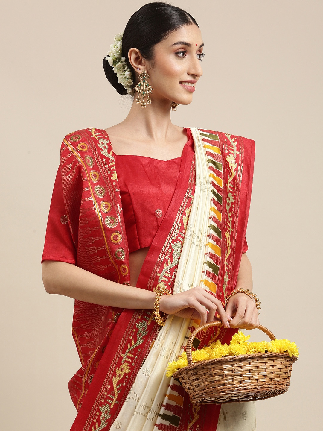 

Saree mall Off White & Red Floral Silk Blend Bomkai silk Sarees