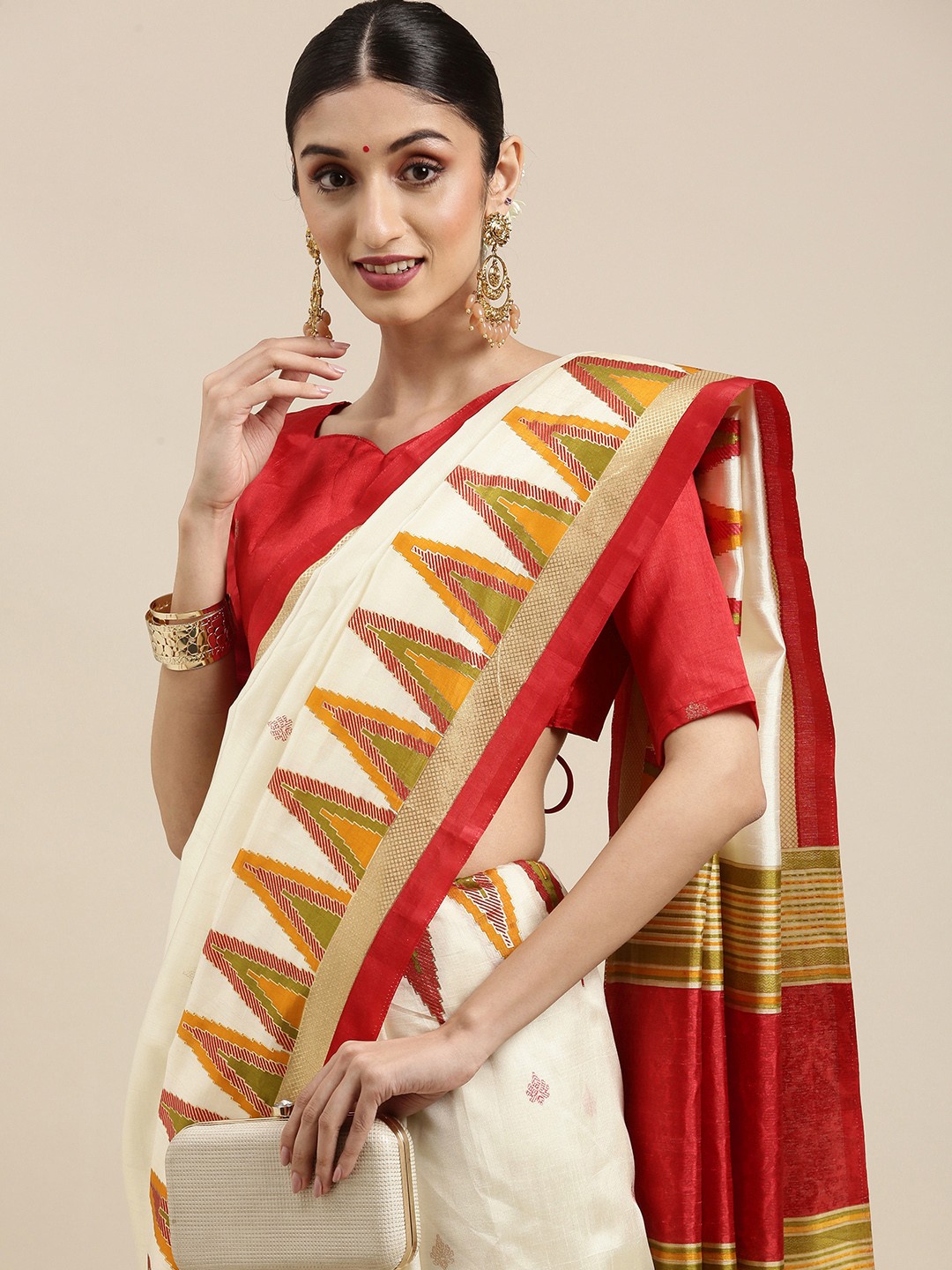

Saree mall Off White & Red Silk Blend Bomkai silk Sarees