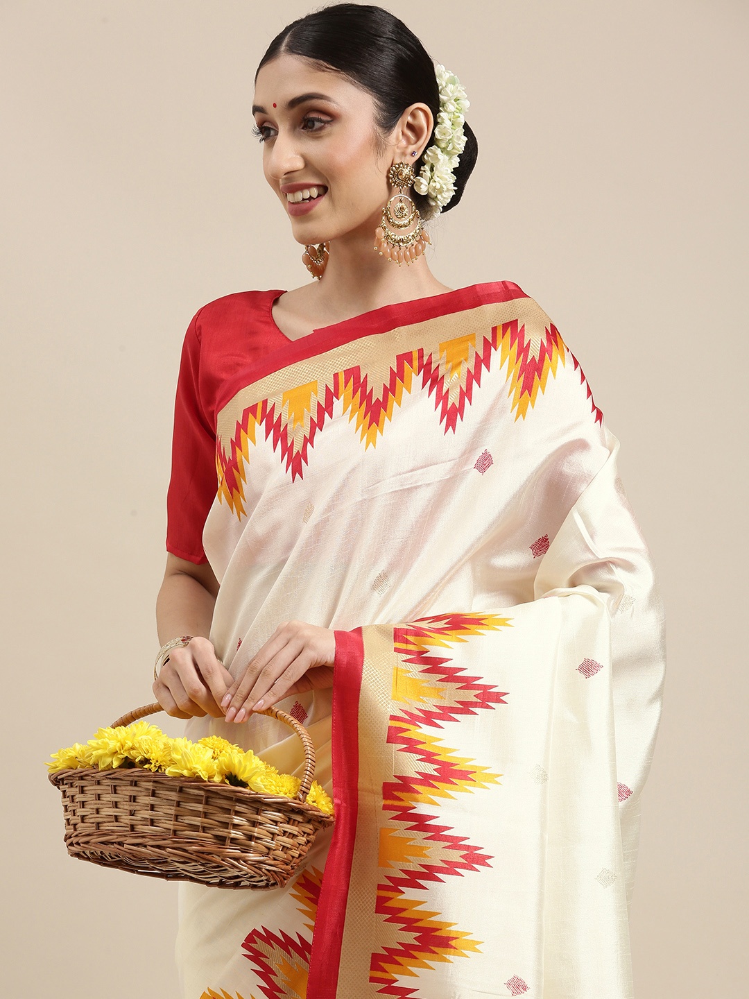 

Saree mall Off White Ethnic Motifs Silk Blend Bomkai silk Sarees