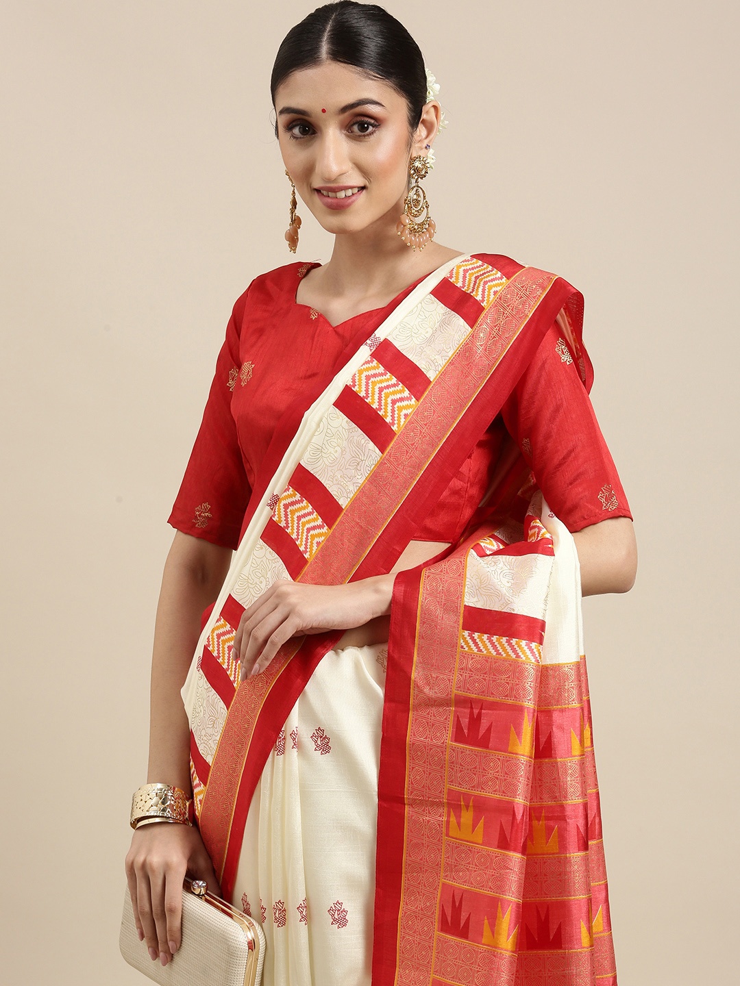 

Saree mall Off White & Red Floral Silk Blend Bomkai silk Sarees