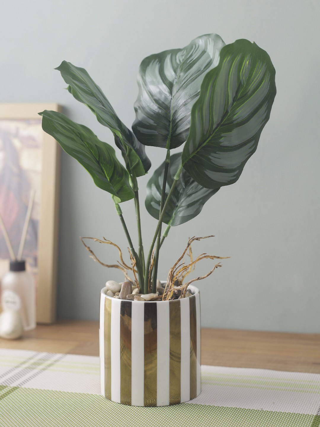 

House Of Accessories Gold-Toned & White Striped Artificial Potted Plant