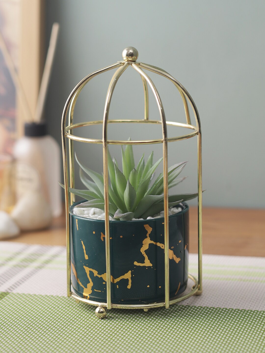 

House Of Accessories Teal Green & Black Solid Artificial Plant With Pot