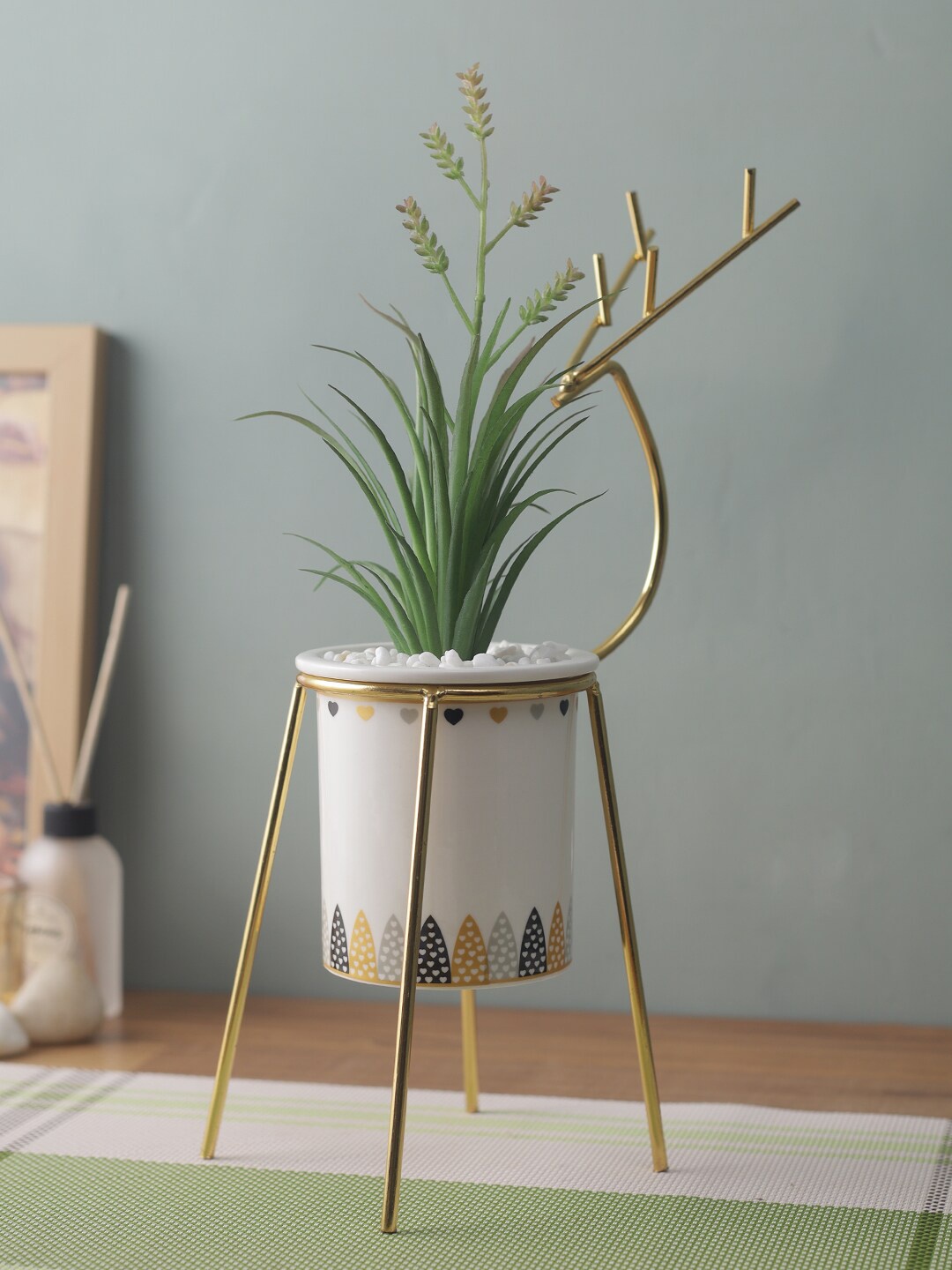 

House Of Accessories White & Green Printed Artificial Plant With Pot