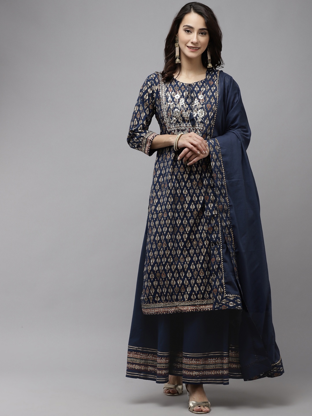 

Ishin Women Navy Blue Floral Embroidered Regular Gotta Patti Pure Cotton Kurta with Palazzos & With Dupatta