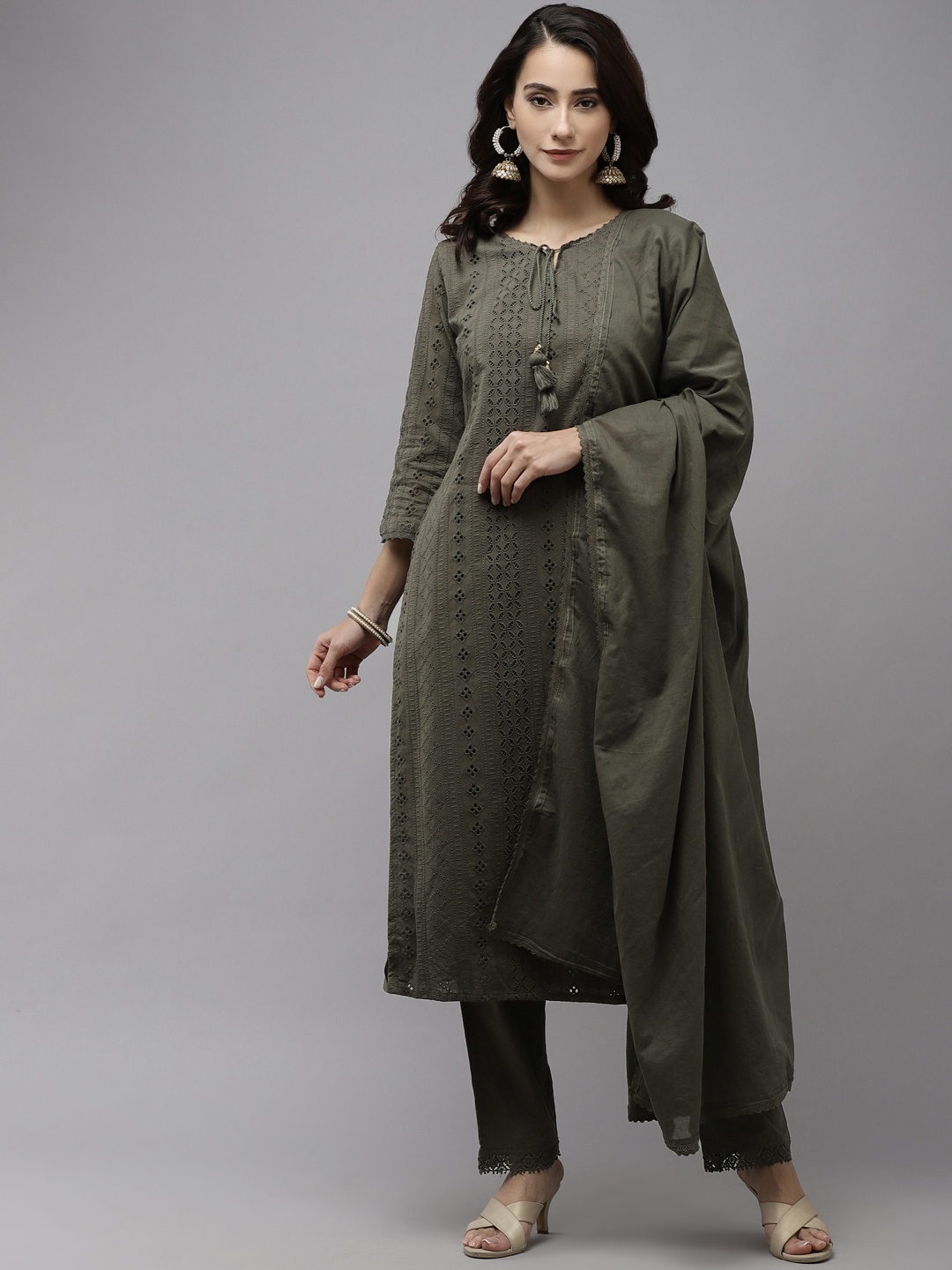 

Ishin Self-Design Pure Cotton Kurta with Trousers & Dupatta, Olive