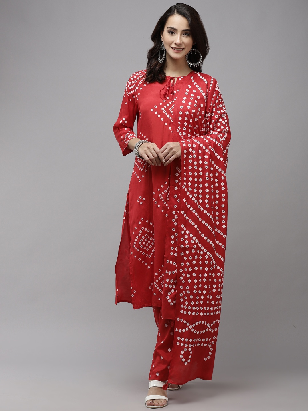 

Ishin Women Red Bandhani Printed Regular Kurta with Trousers & With Dupatta