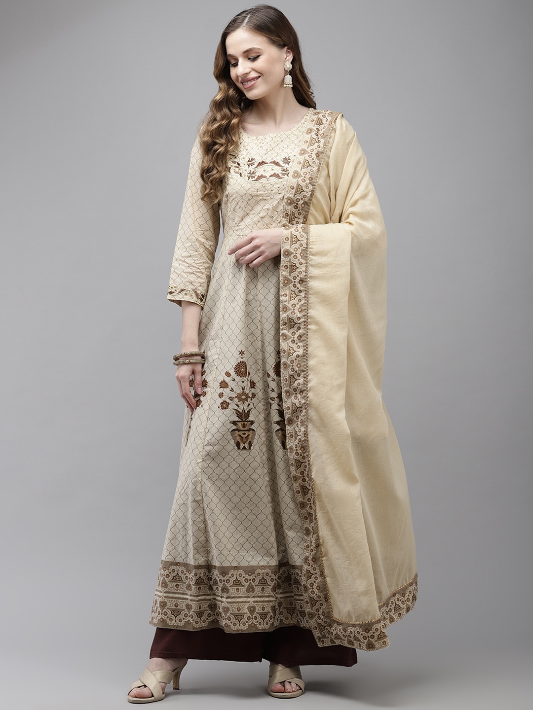 

Ishin Women Beige Floral Embroidered Thread Work Floral Anarkali Kurta with Dupatta