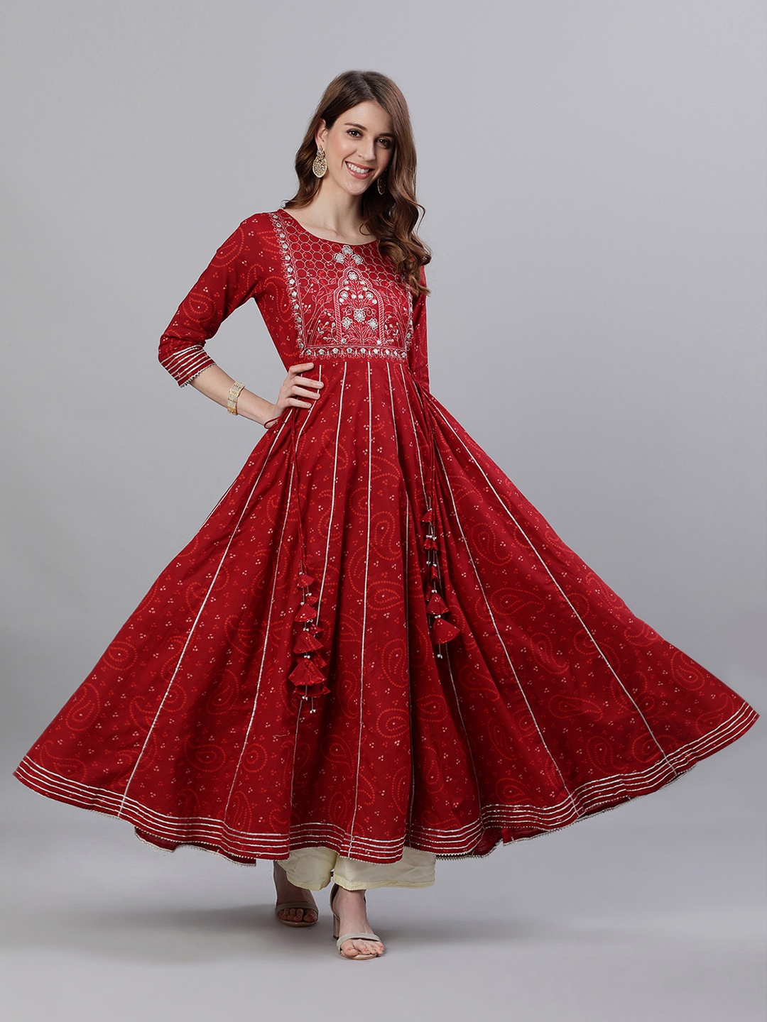 

Ishin Women Maroon Floral Mirror Work Block Print Anarkali Kurta