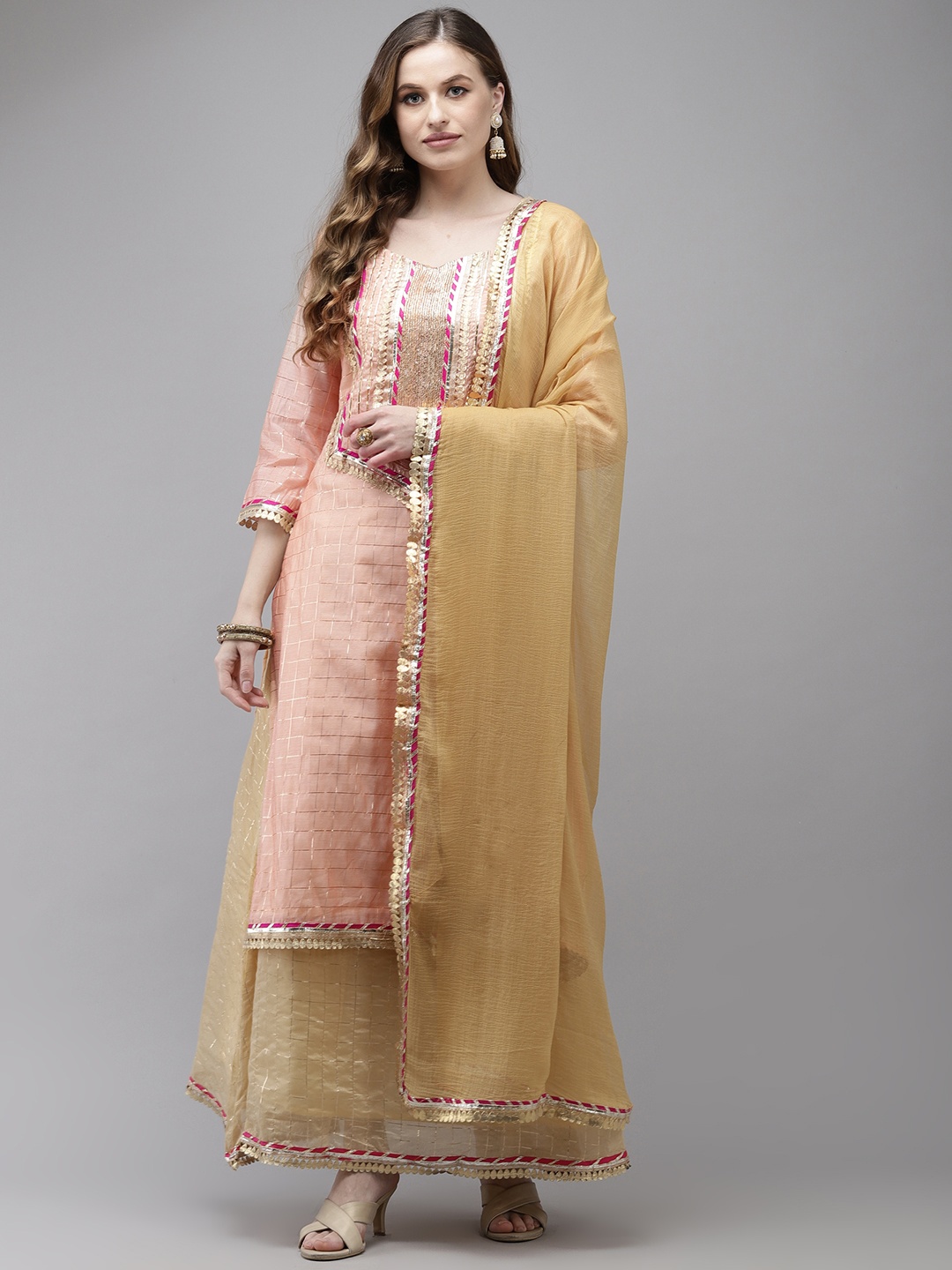 

Ishin Women Peach-Coloured Regular Gotta Patti Chanderi Silk Kurta with Skirt & With Dupatta