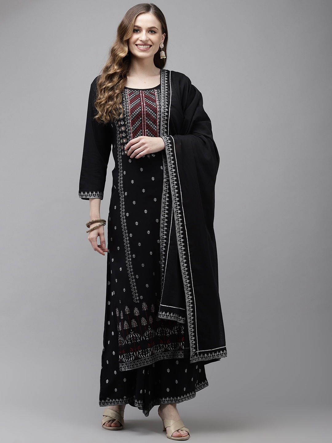 

Ishin Women Black Floral Embroidered Regular Kurta with Palazzos & With Dupatta