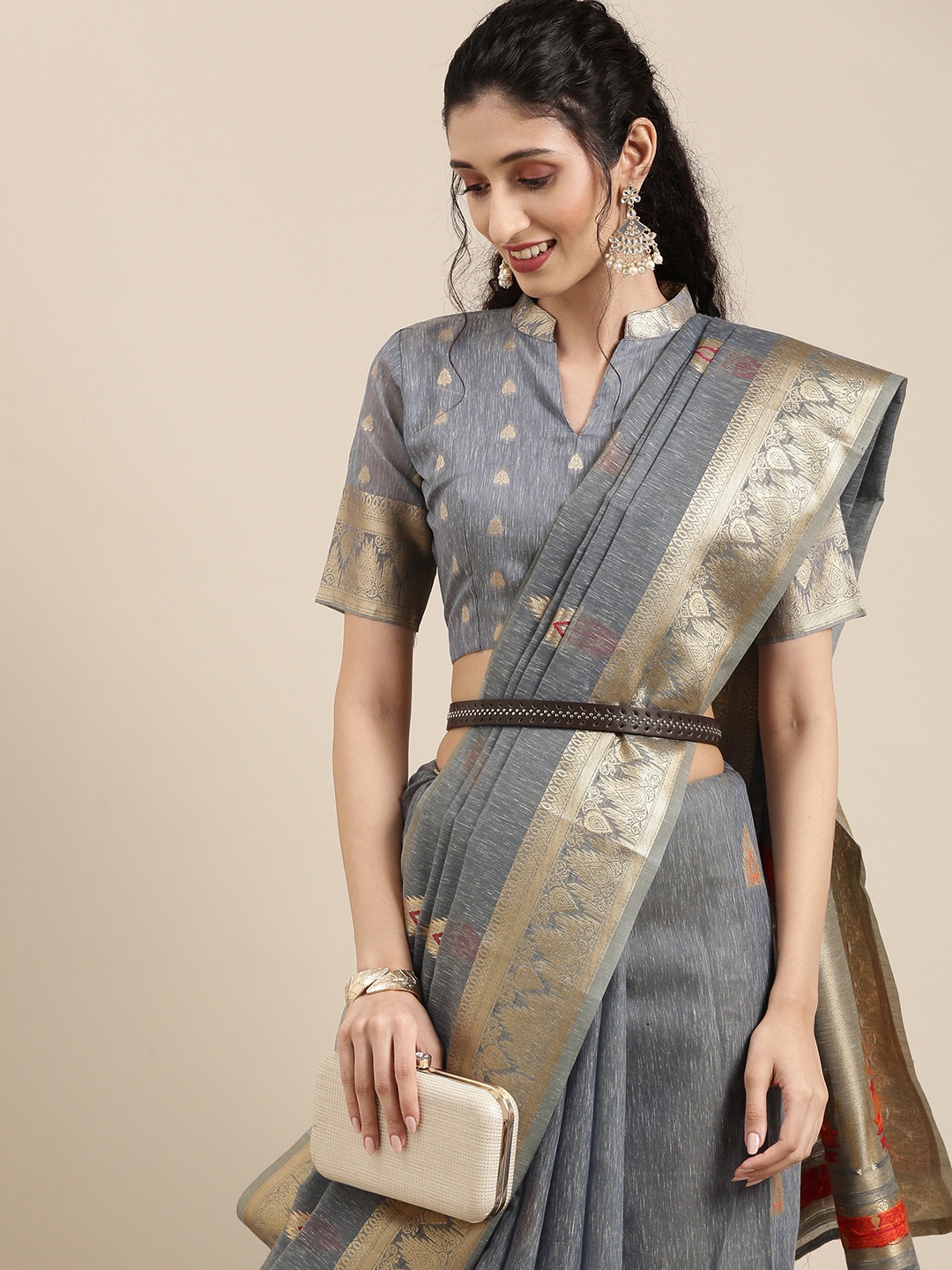 

Saree mall Grey Ethnic Motifs Zari Silk Blend Banarasi Sarees