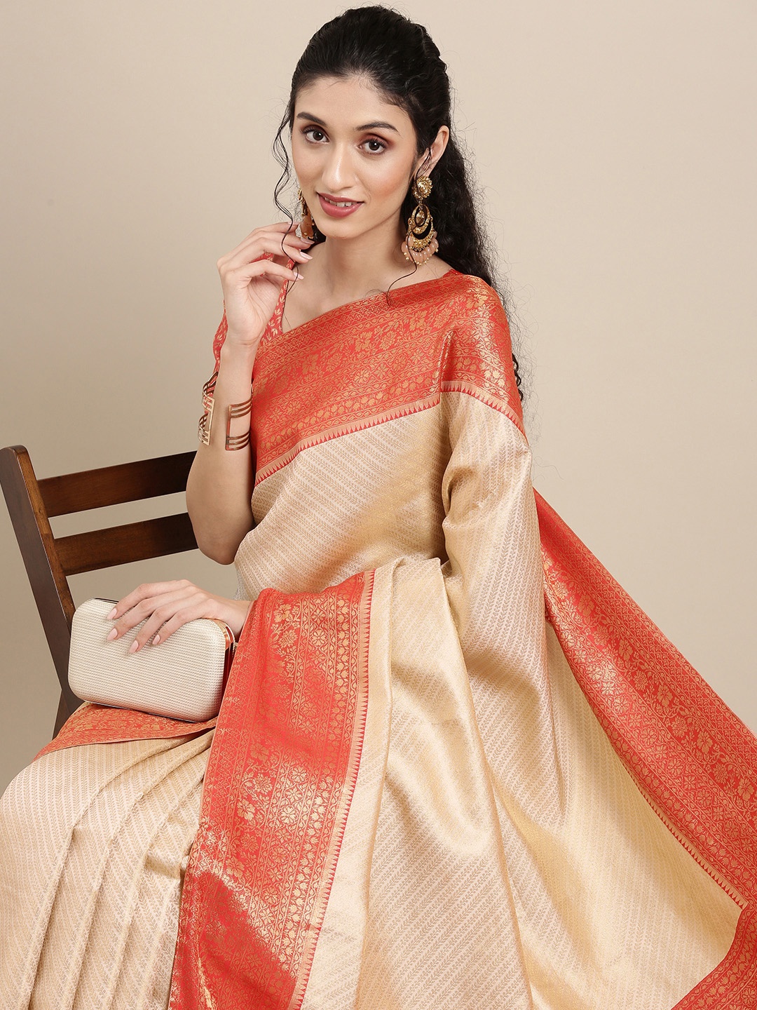 

Saree mall Off White & Red Woven Design Zari Silk Blend Banarasi Sarees