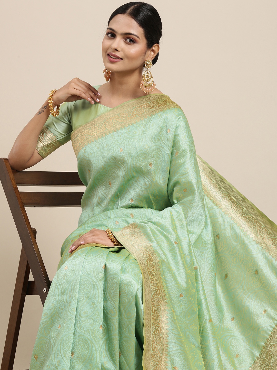

Saree mall Green & Gold-Toned Ethnic Motifs Zari Silk Blend Banarasi Sarees