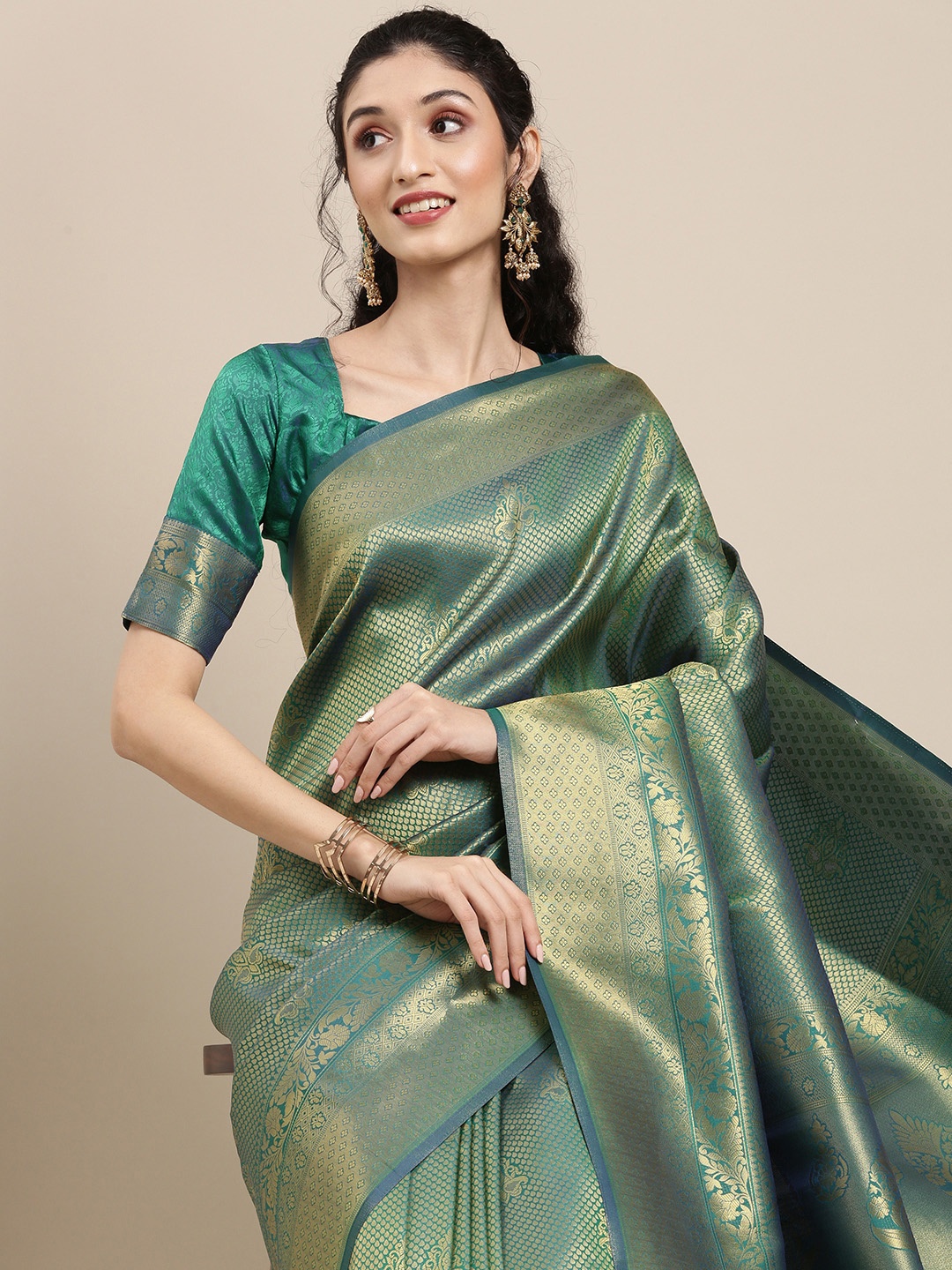 

Saree mall Teal & Gold-Toned Ethnic Motifs Zari Silk Blend Banarasi Sarees