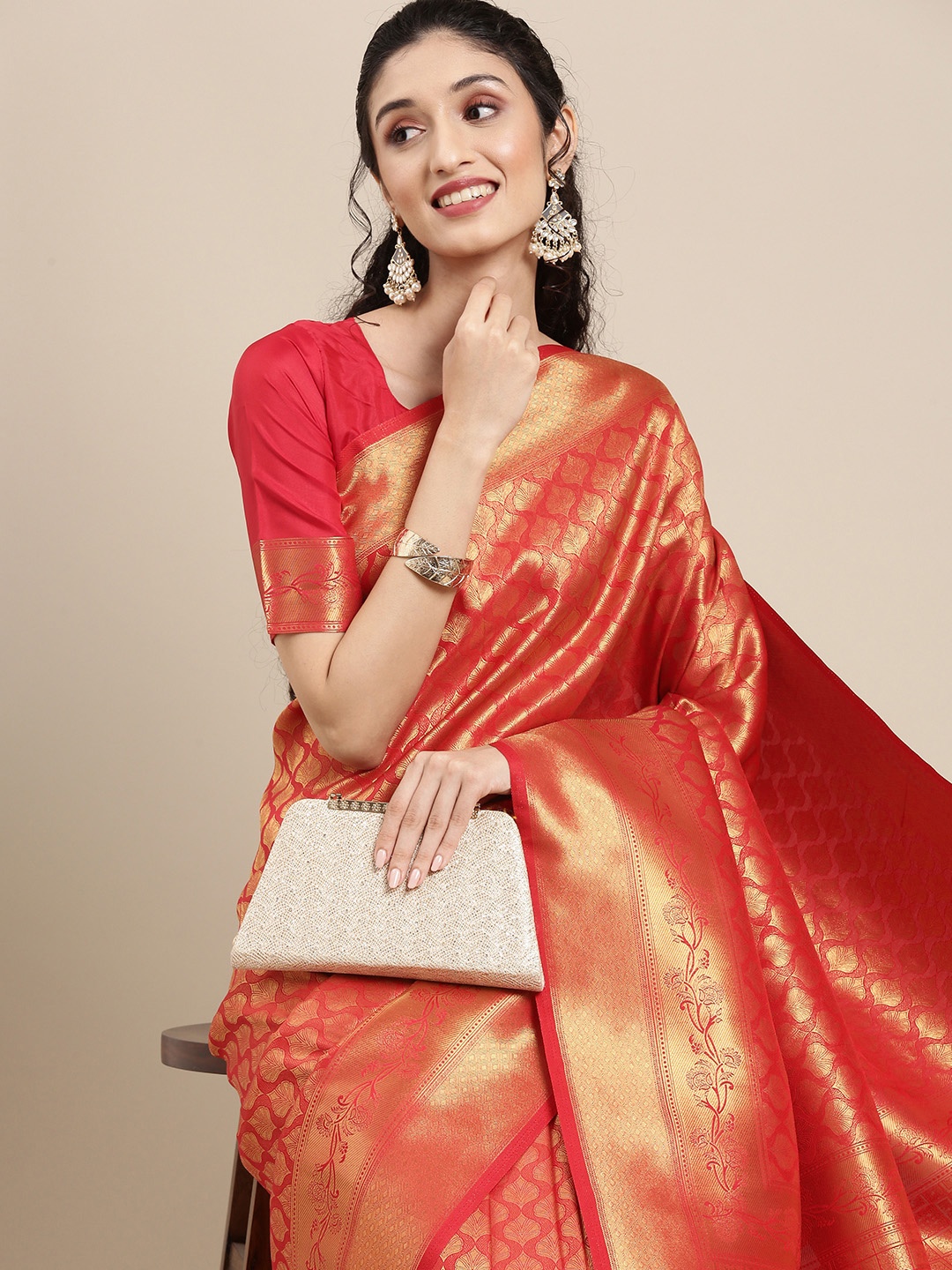 

Saree mall Red & Gold-Toned Ethnic Motifs Zari Silk Blend Banarasi Sarees