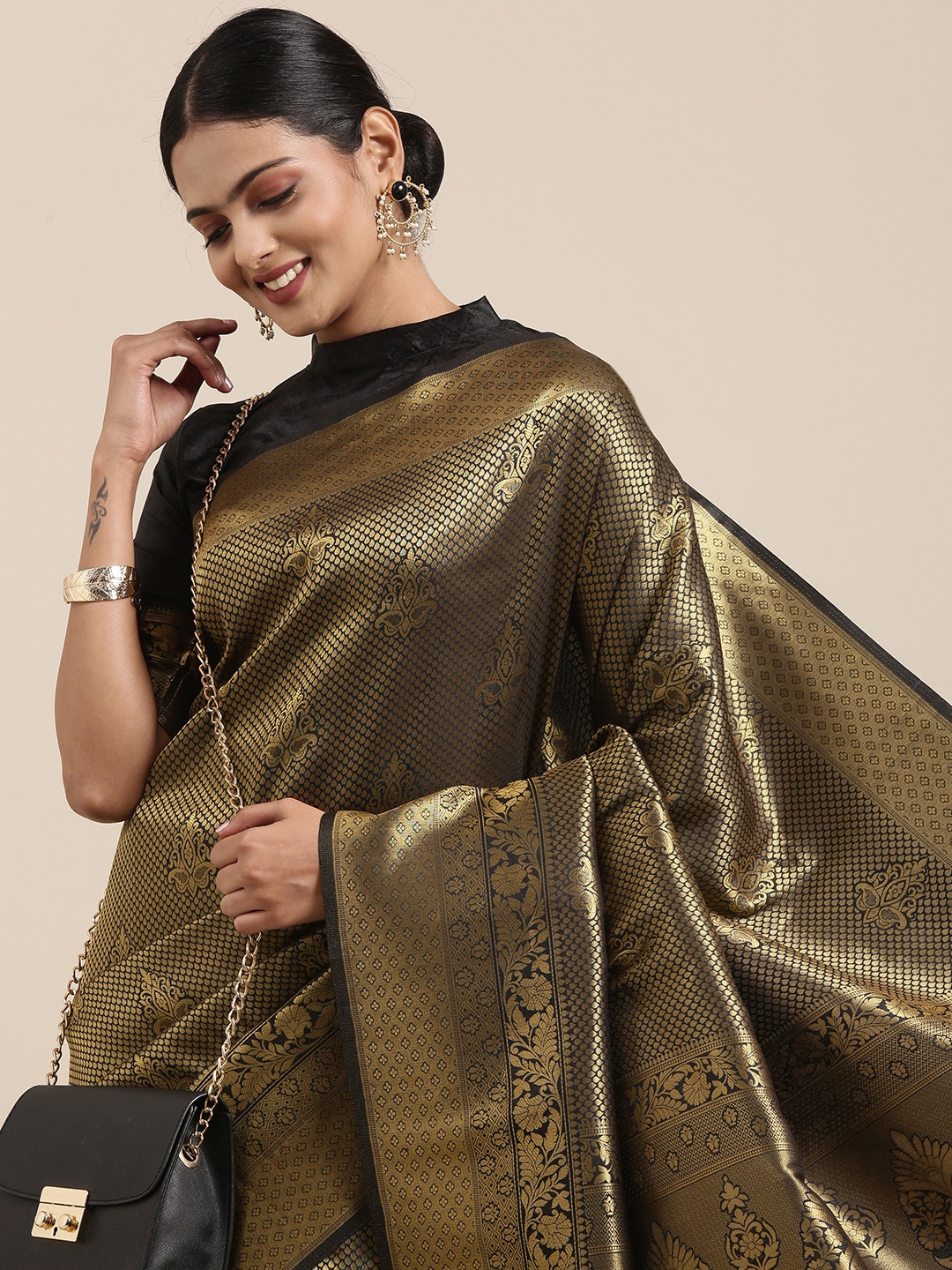 

Saree mall Black & Gold-Toned Ethnic Motifs Zari Silk Blend Banarasi Sarees