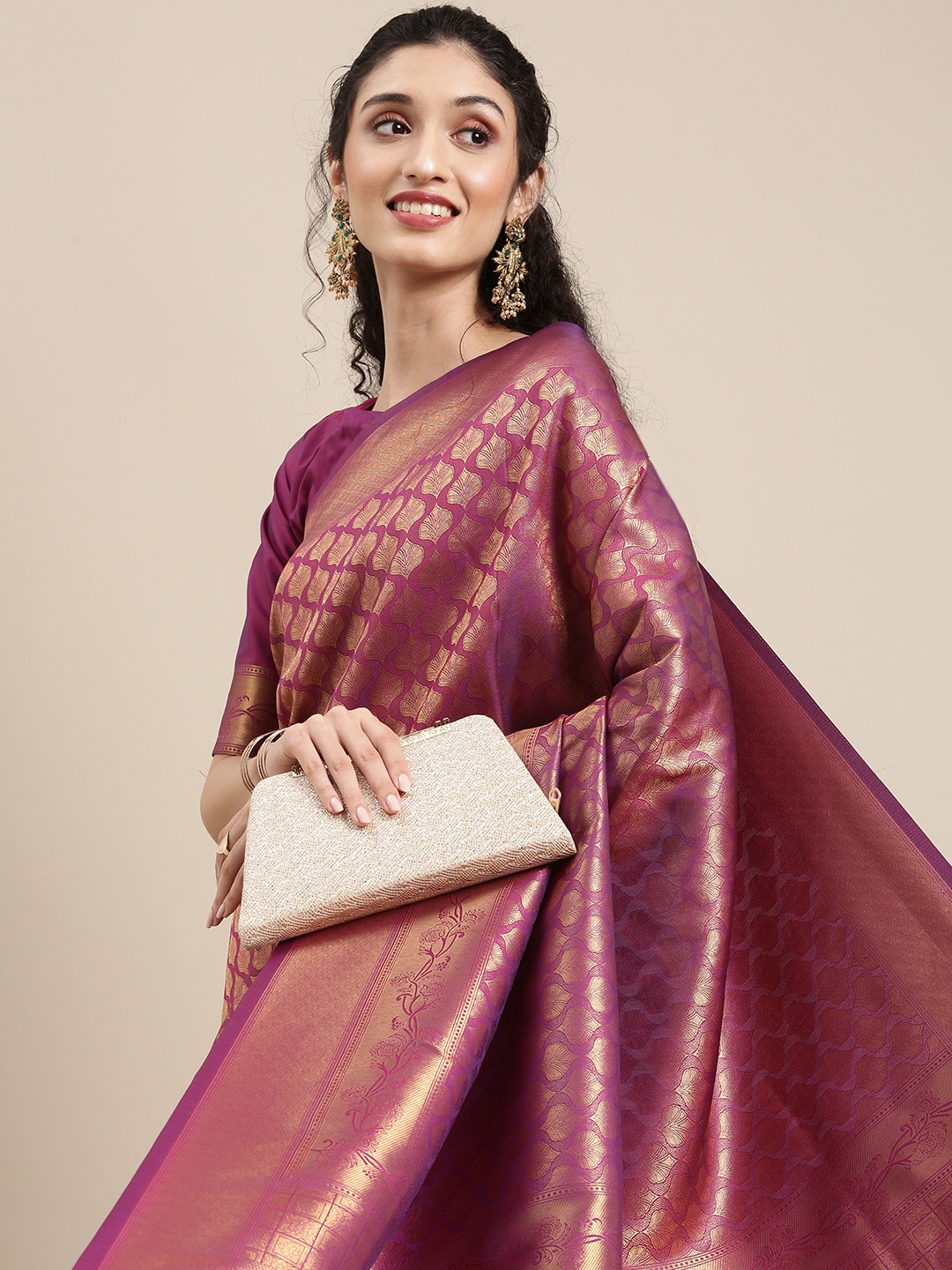 

Saree mall Magenta & Gold-Toned Ethnic Motifs Zari Silk Blend Banarasi Sarees