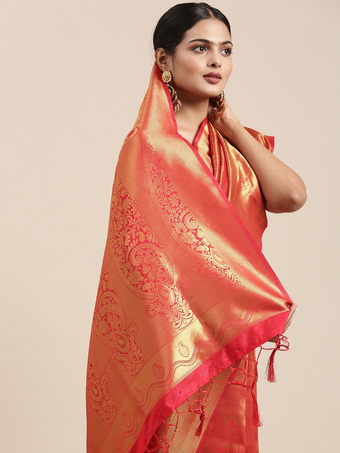 

Saree mall Red & Gold-Toned Ethnic Motifs Zari Silk Blend Banarasi Sarees