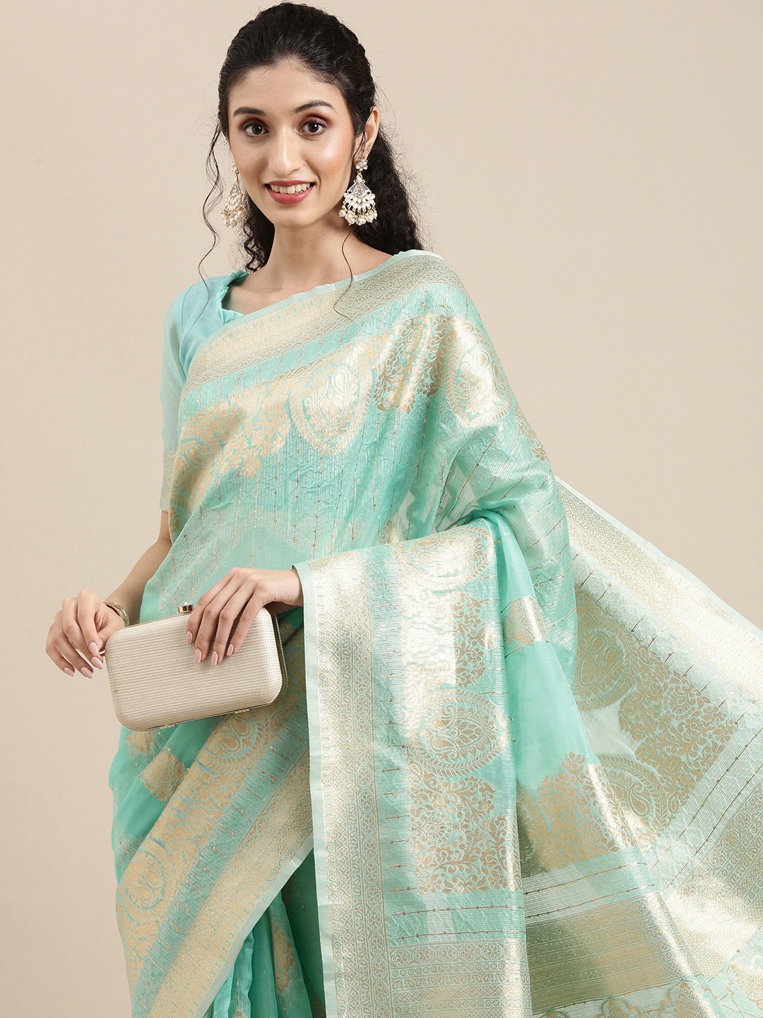 

Saree mall Turquoise Blue Ethnic Motifs Zari Silk Blend Banarasi Sarees