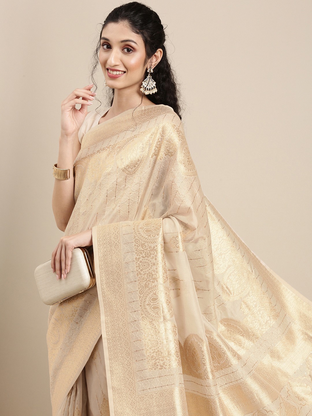 

Saree mall Beige Ethnic Motifs Zari Silk Blend Banarasi Sarees