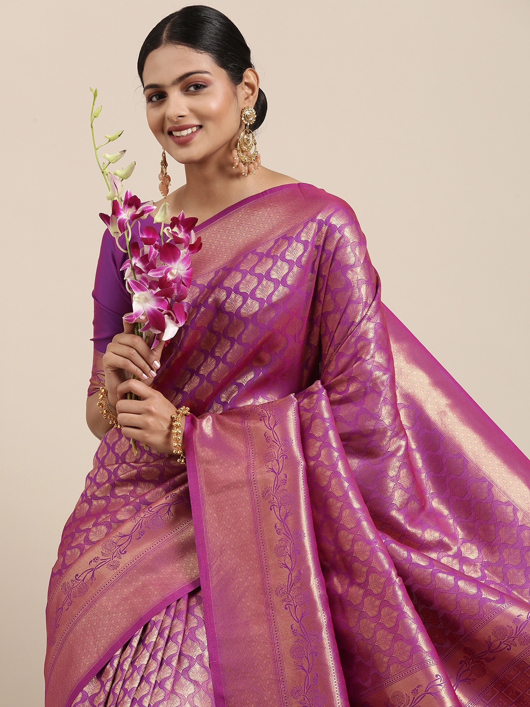

Saree mall Violet Ethnic Motifs Zari Silk Blend Banarasi Sarees