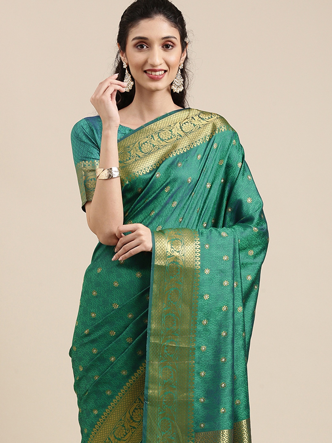 

Saree mall Teal Ethnic Motifs Zari Silk Blend Banarasi Sarees