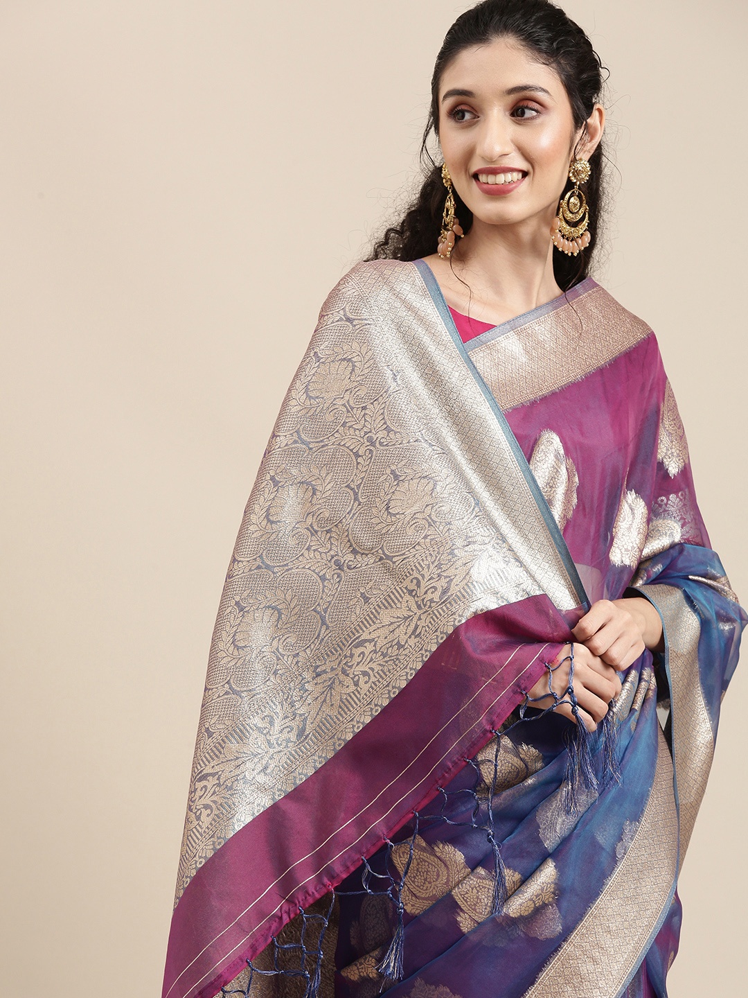 

Saree mall Blue Ethnic Motifs Zari Organza Banarasi Sarees